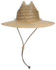 A natural woven straw wide-brim hat with a tall conical crown and a dark brown adjustable chin cord, shown against a plain white background.