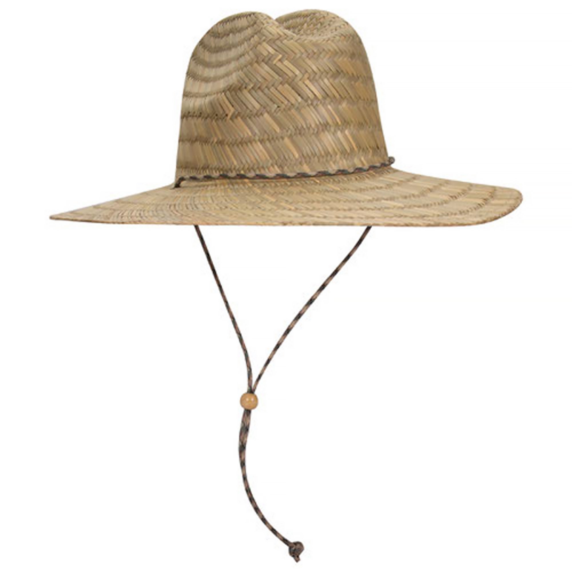 Straw hat with a wide brim and tie on a white background