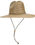 Straw hat with a wide brim and tie on a white background