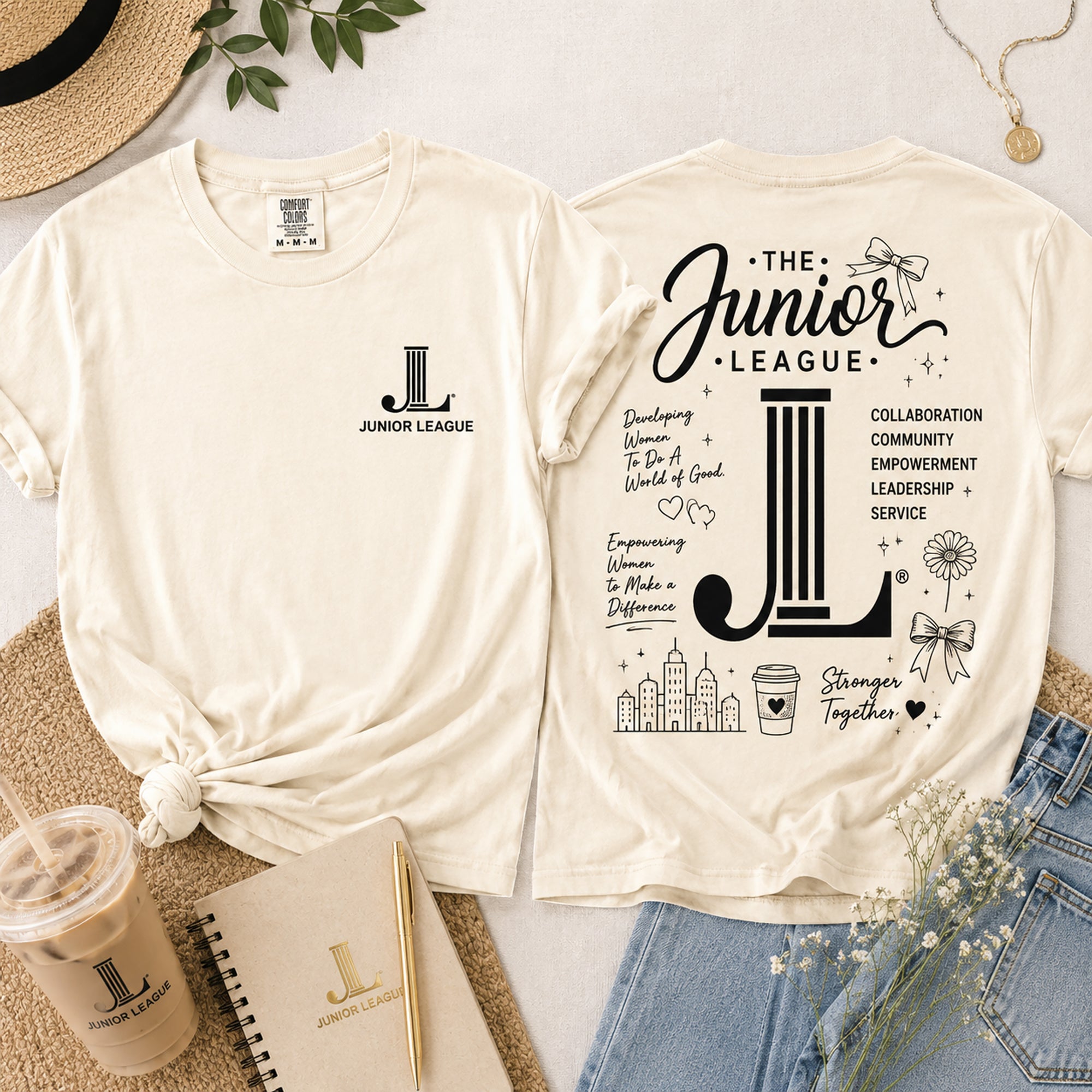 Ivory tee with small front logo and large back Junior League graphic print