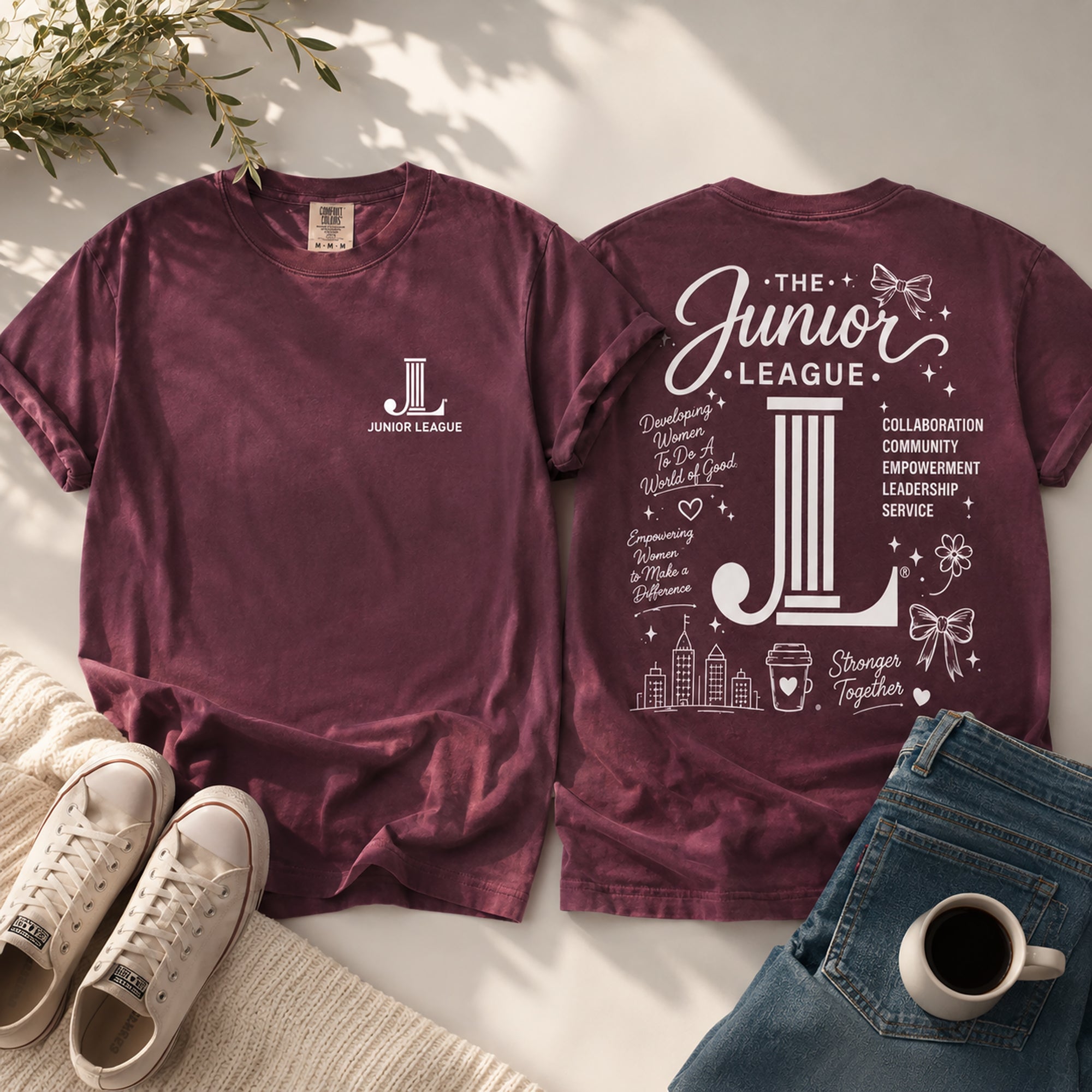 Women Who Build Beach Wash Tee in Wineberry featuring front chest logo and full back graphic design