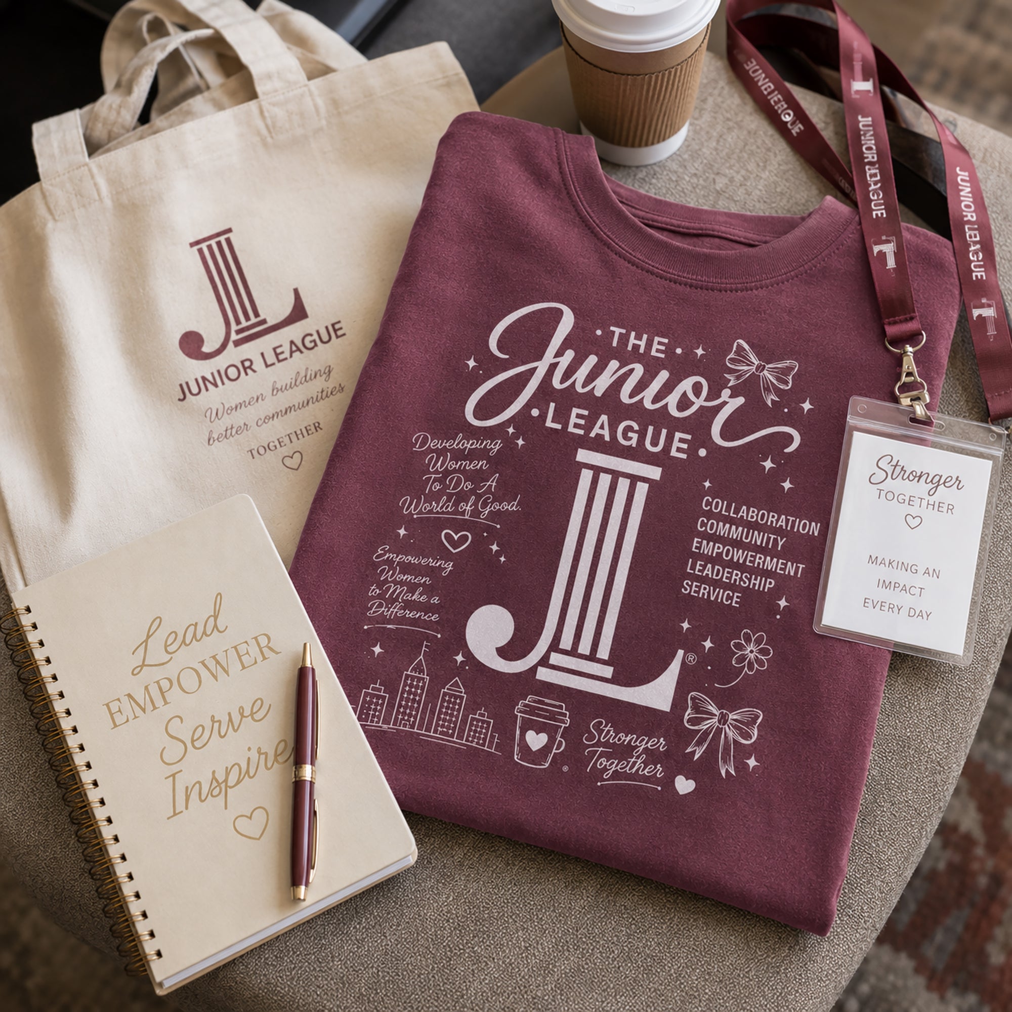 Women Who Build Beach Wash Tee styled with conference accessories including tote bag and notebook