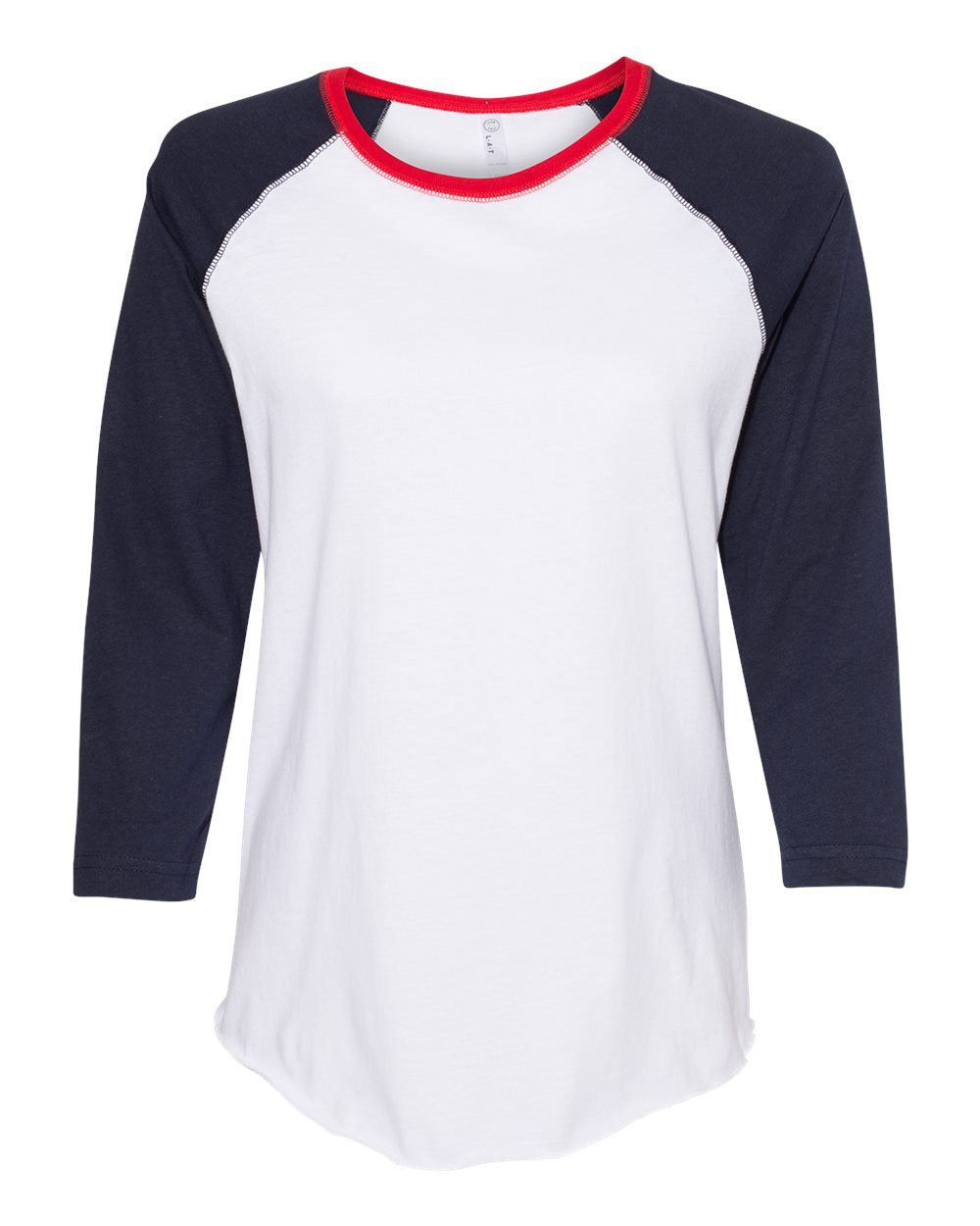 Ladies raglan baseball T-shirt with white body, navy sleeves, red crew neckline