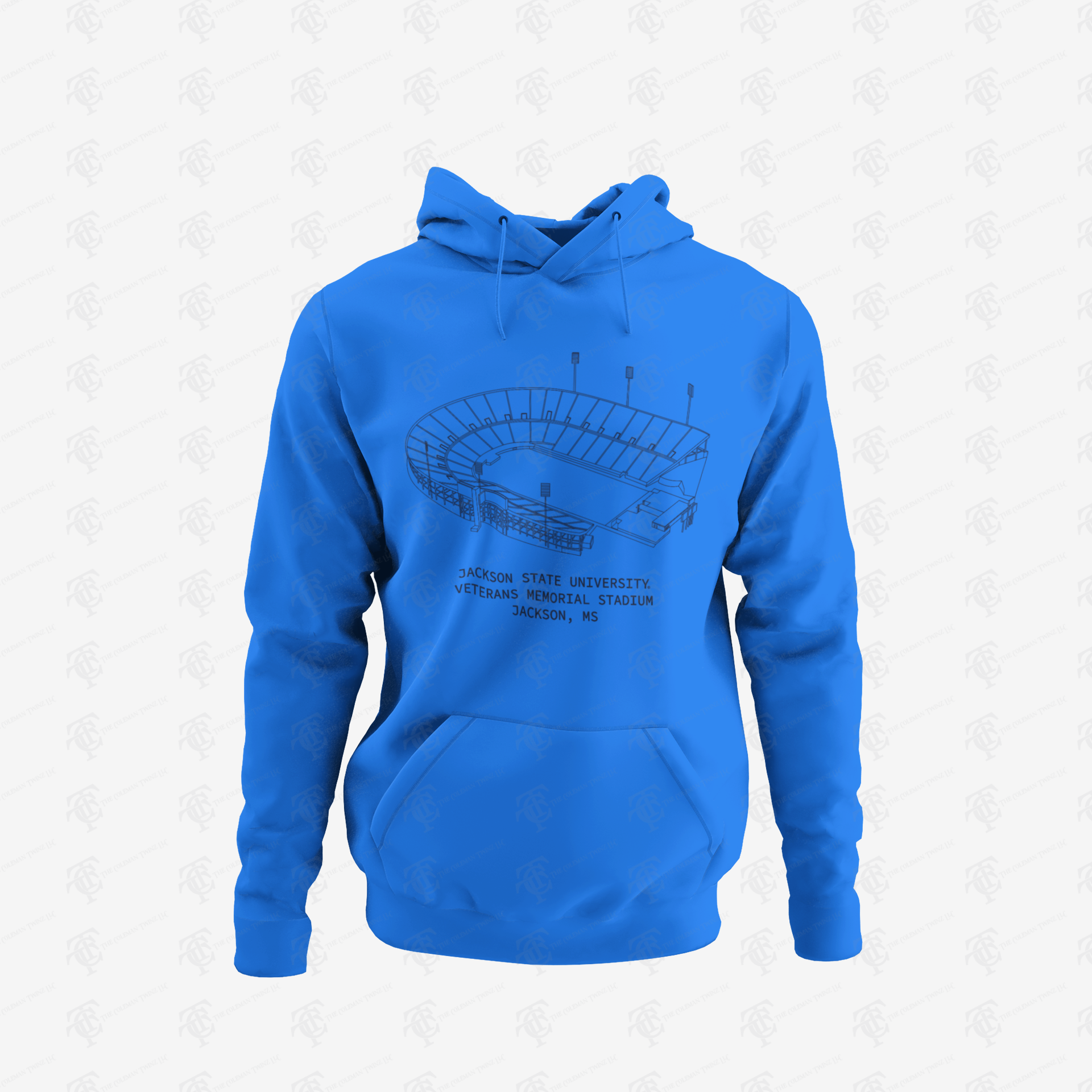 Unisex pullover hoodie in light blue with large stadium graphic and front kangaroo pocket