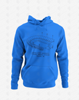 Unisex pullover hoodie in light blue with large stadium graphic and front kangaroo pocket