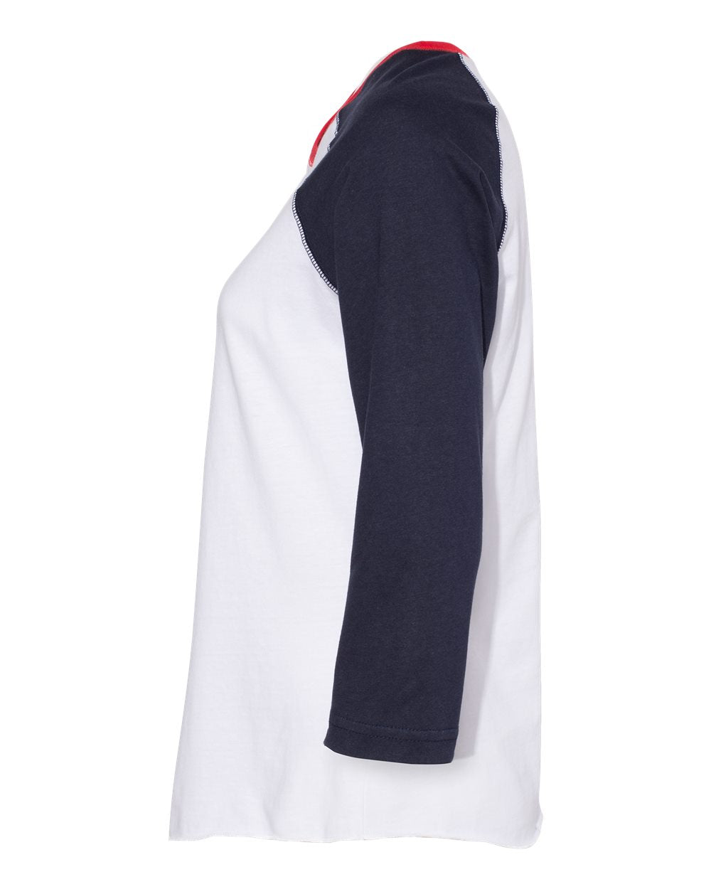Ladies raglan baseball T-shirt, white body with navy sleeve and red neckline trim