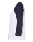 Ladies raglan baseball T-shirt, white body with navy sleeve and red neckline trim