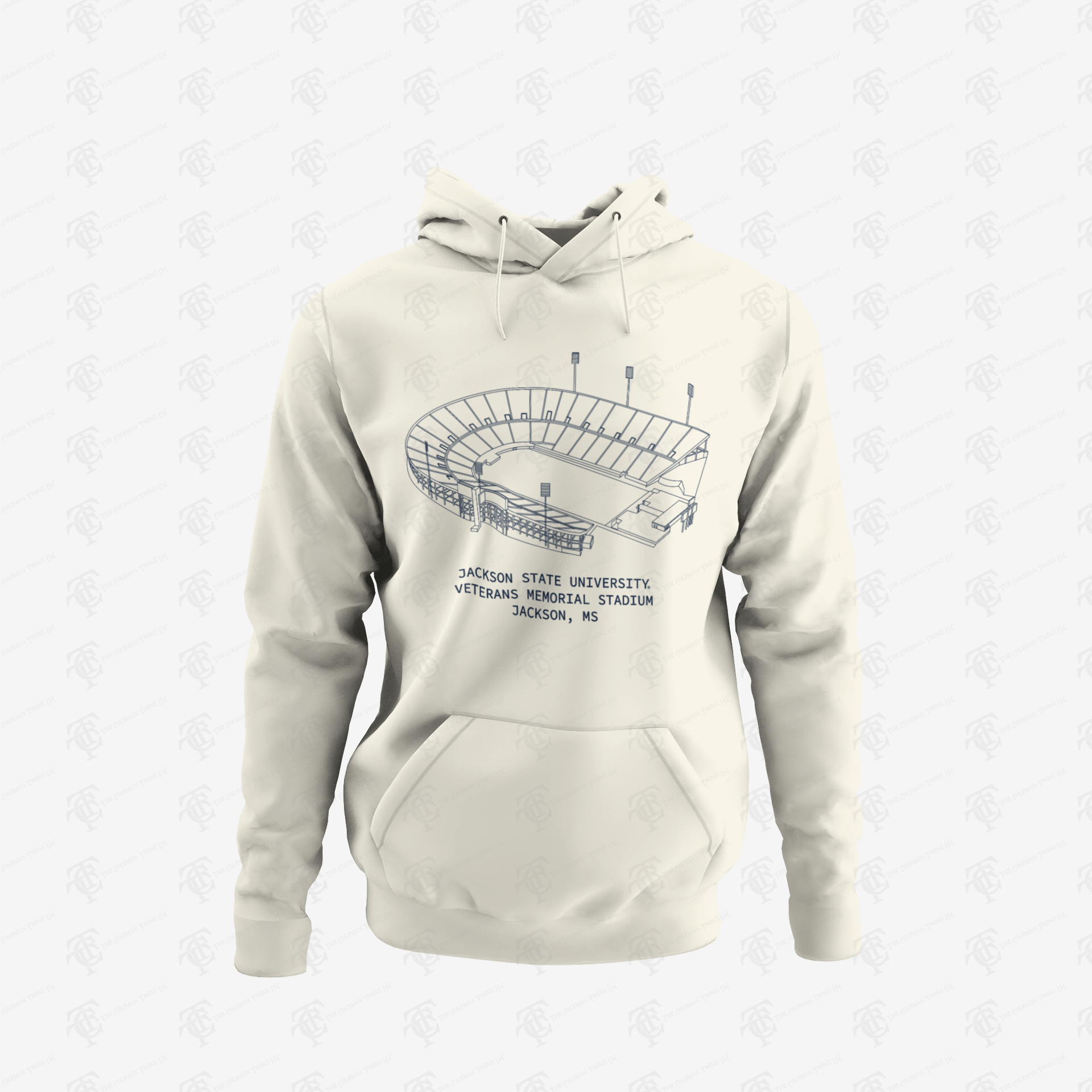 Unisex pullover hoodie in sweet cream heather with large stadium graphic and kangaroo pocket