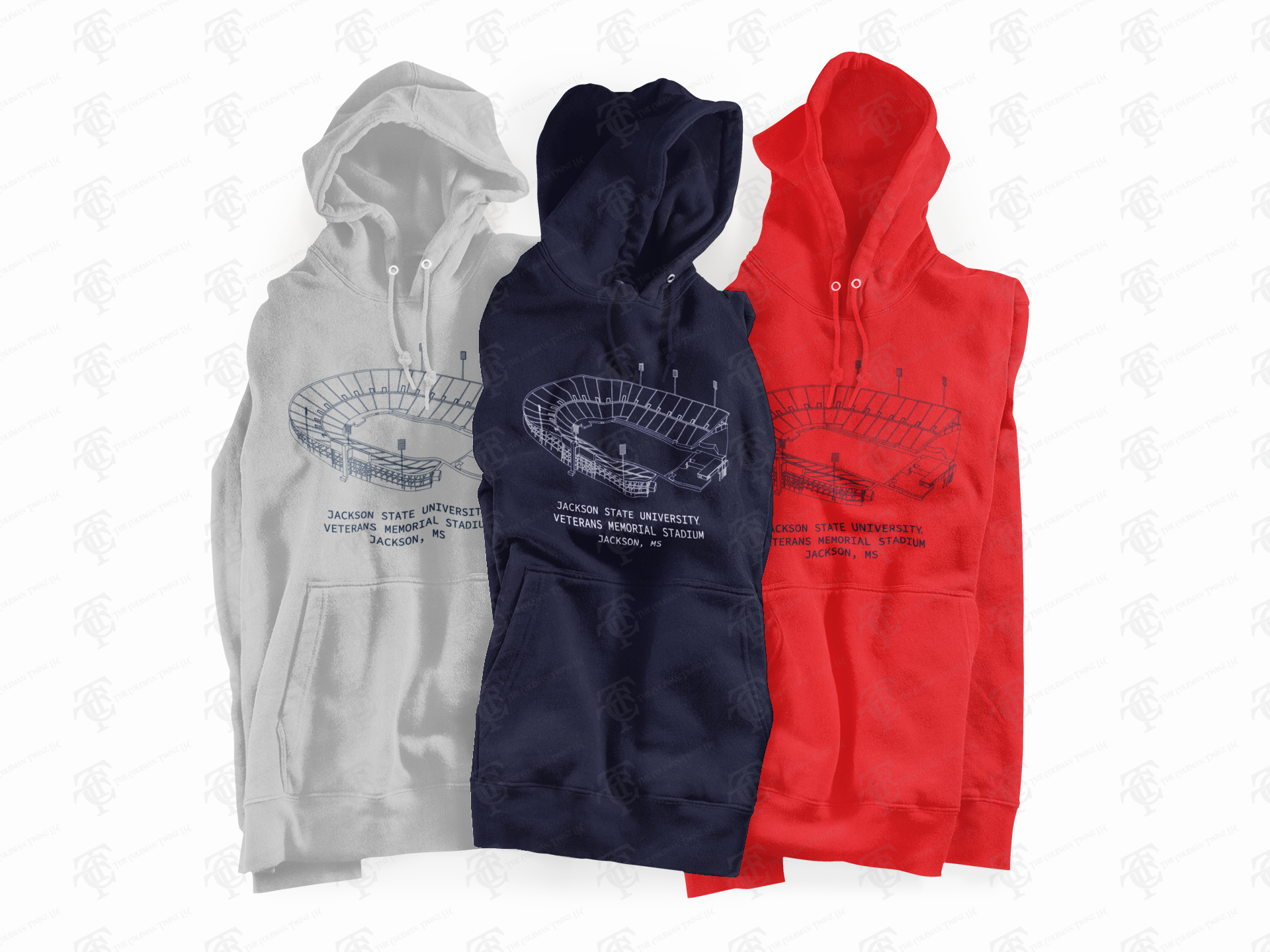 Unisex pullover hoodies in red, navy, and gray with printed stadium graphic