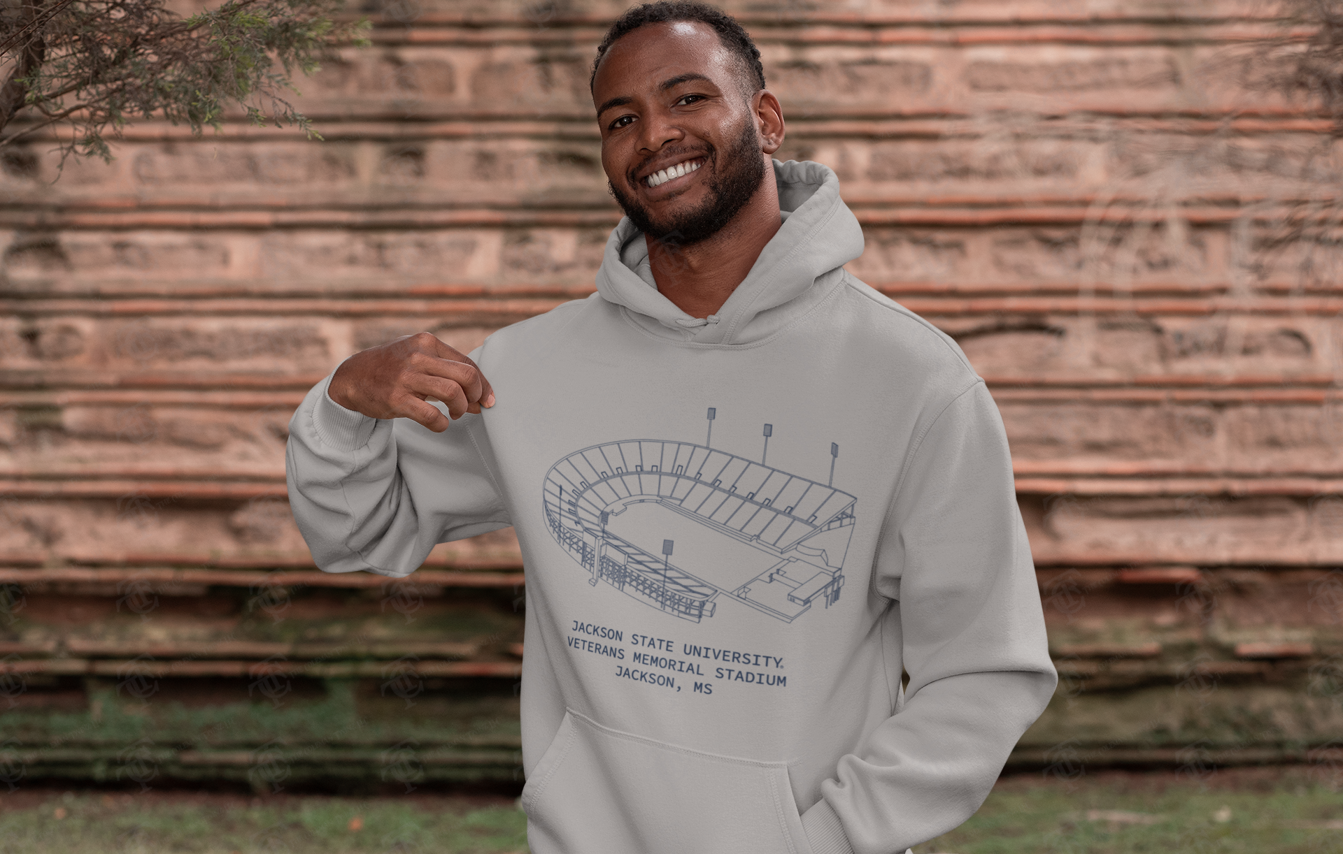 Unisex pullover hoodie in athletic heather gray with stadium graphic, hood, kangaroo pocket