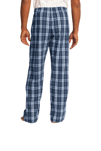 Navy plaid flannel pajama pants with elastic waistband and drawstring