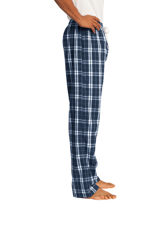 Navy plaid flannel pajama pants with straight legs and ankle cuffs