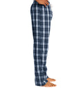 Navy plaid flannel pajama pants with straight legs and ankle cuffs