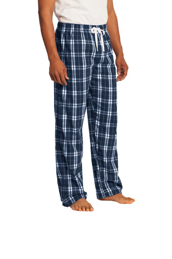 Navy plaid flannel pajama pants with drawstring waist and side pockets