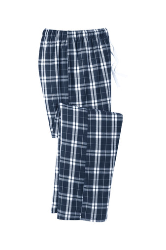 Navy plaid flannel pajama pants folded, showing drawstring and elastic waist
