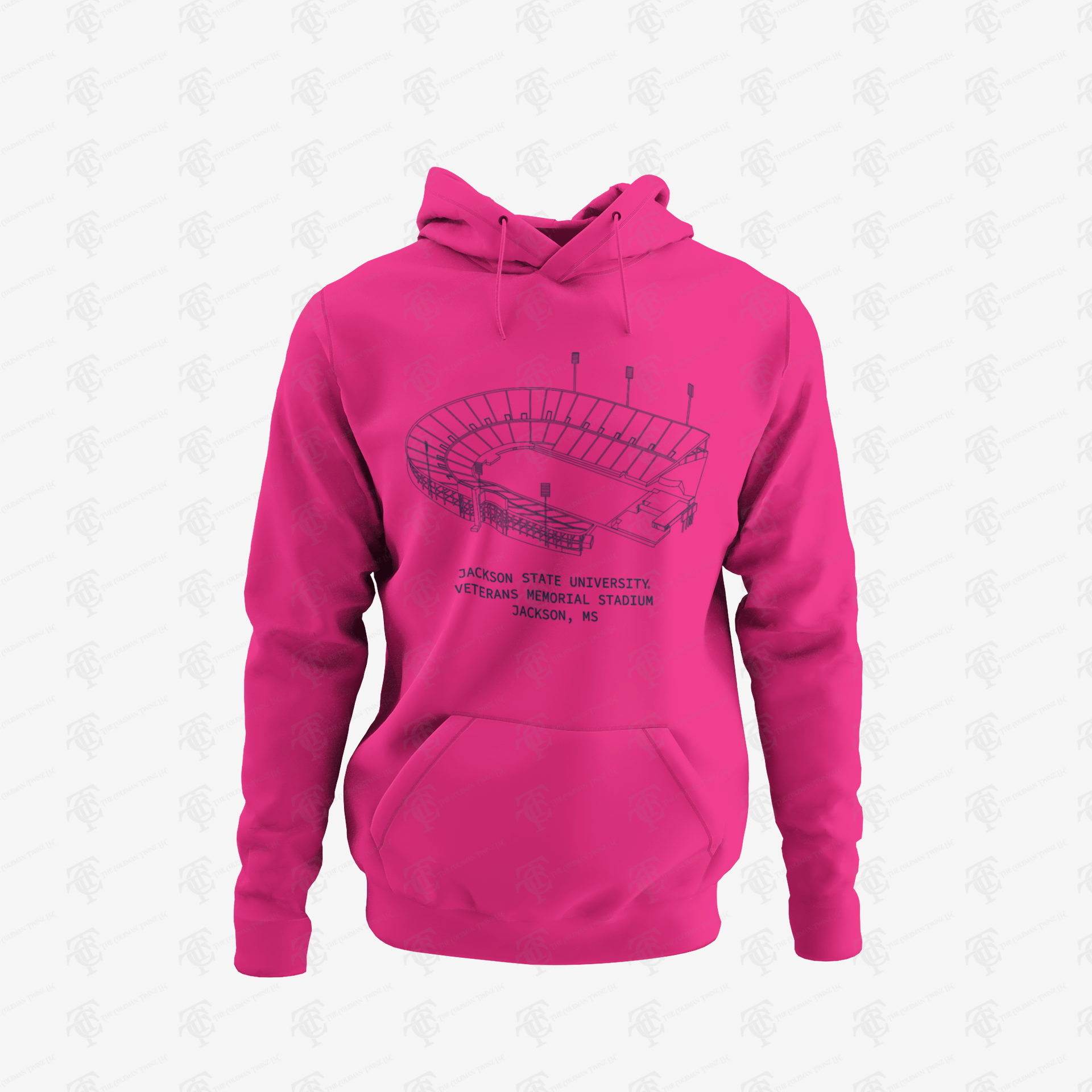 Unisex pullover hoodie in pink with large stadium graphic and front kangaroo pocket
