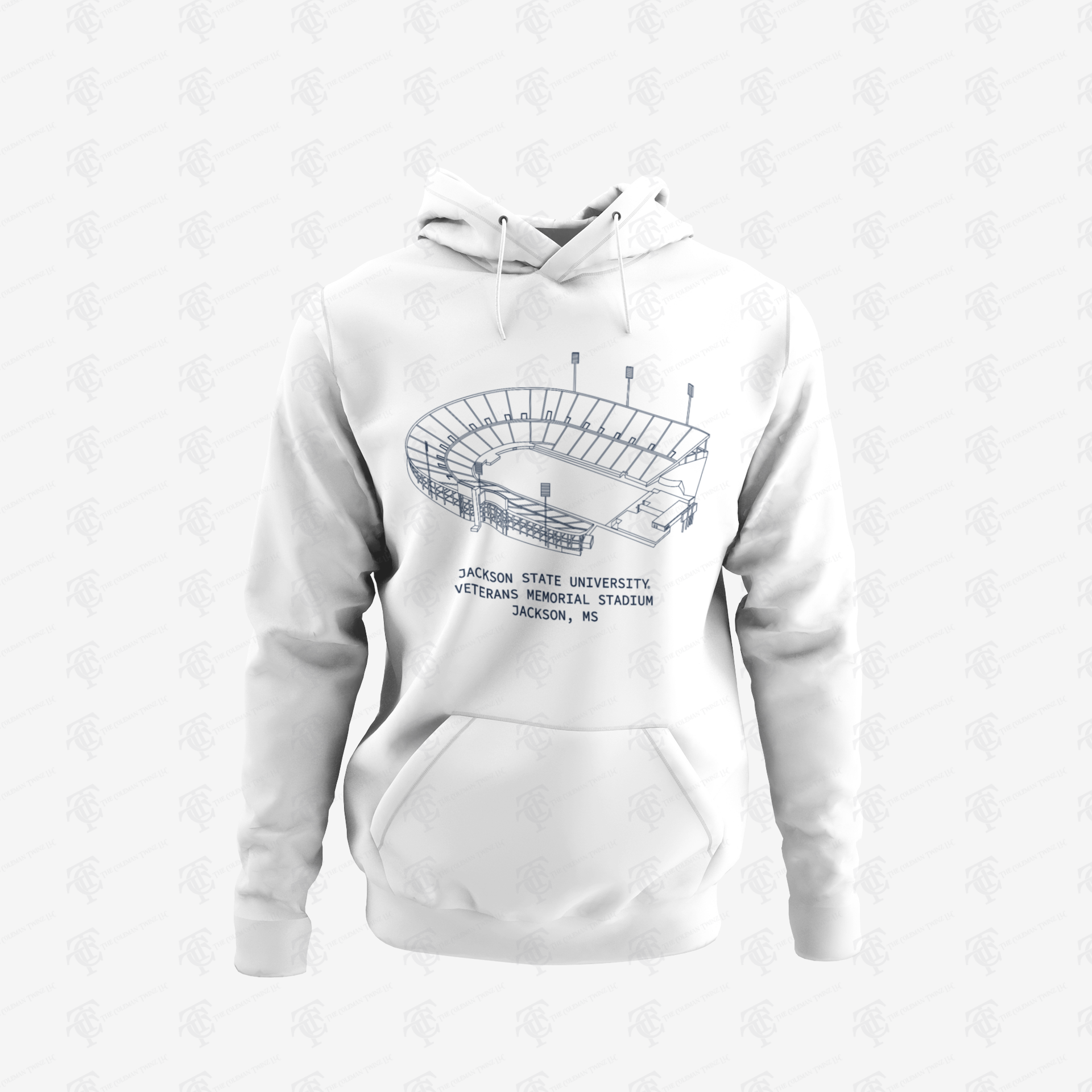 Unisex pullover hoodie in white with large stadium graphic and front kangaroo pocket
