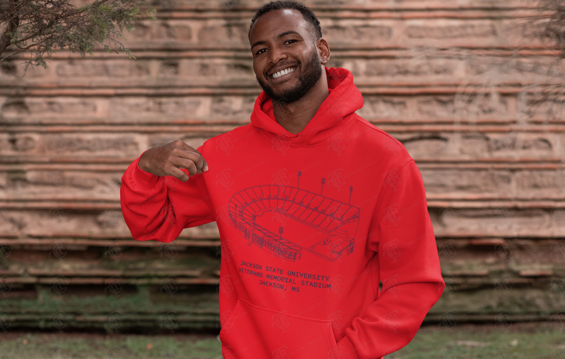 Unisex pullover hoodie in red with large stadium graphic and front kangaroo pocket