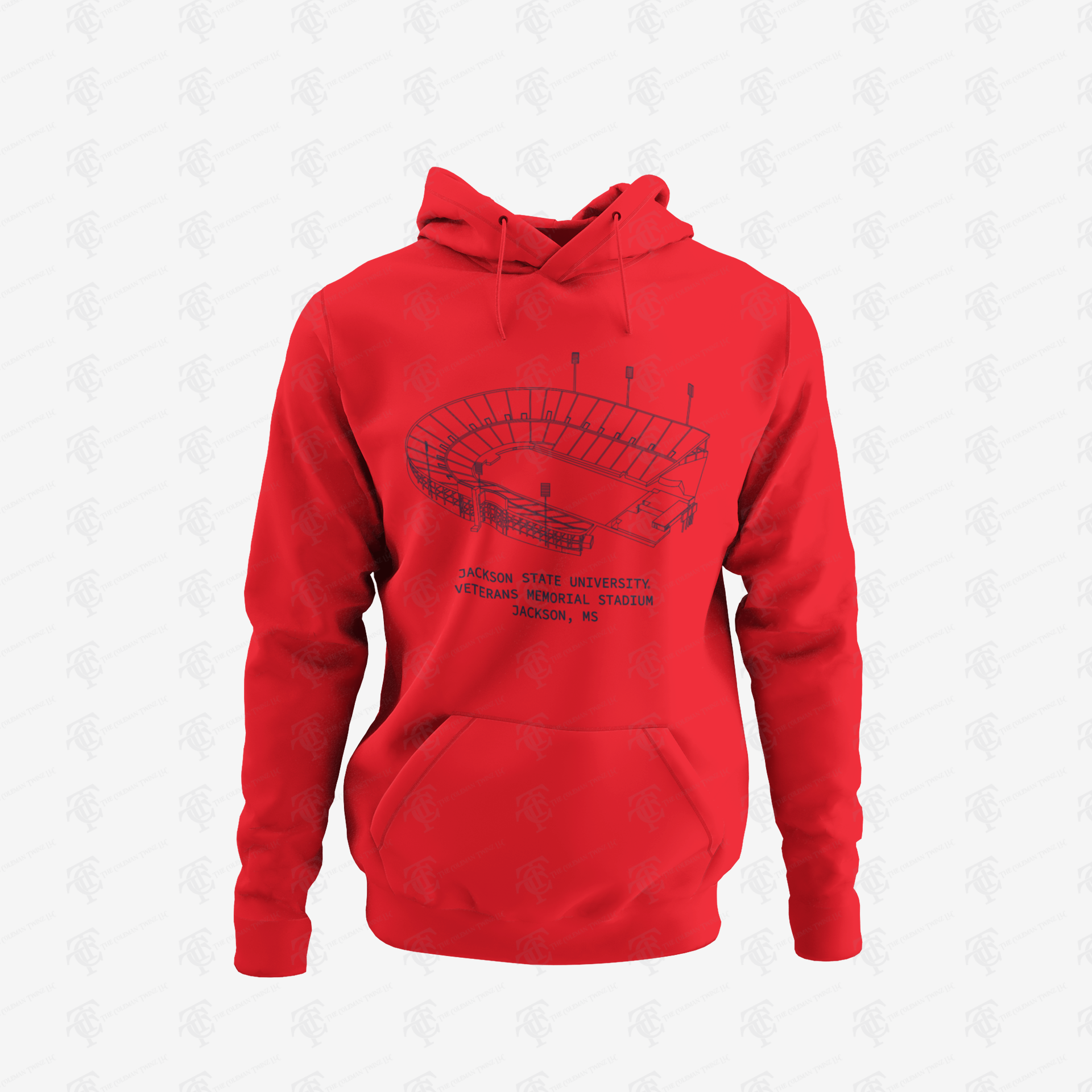 Unisex pullover hoodie in red with large stadium graphic and front kangaroo pocket