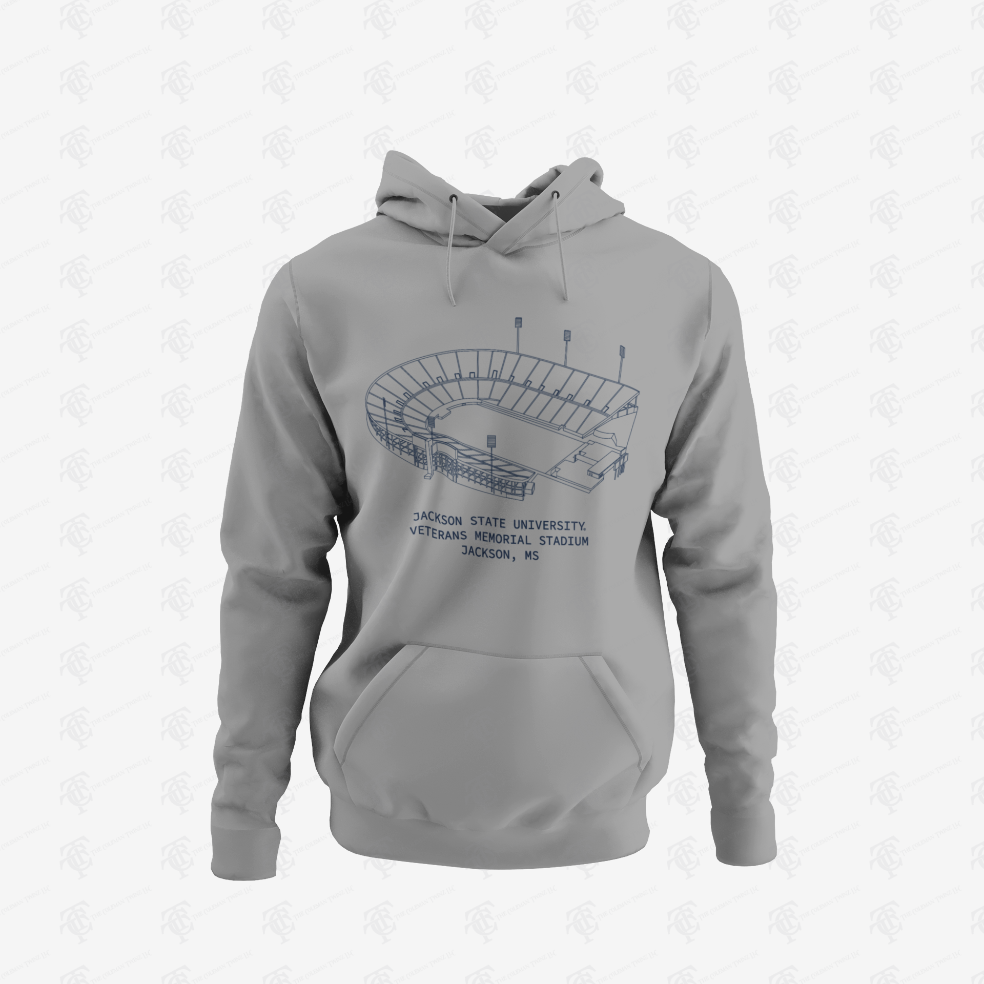 Unisex pullover hoodie in athletic heather gray with stadium graphic and front kangaroo pocket