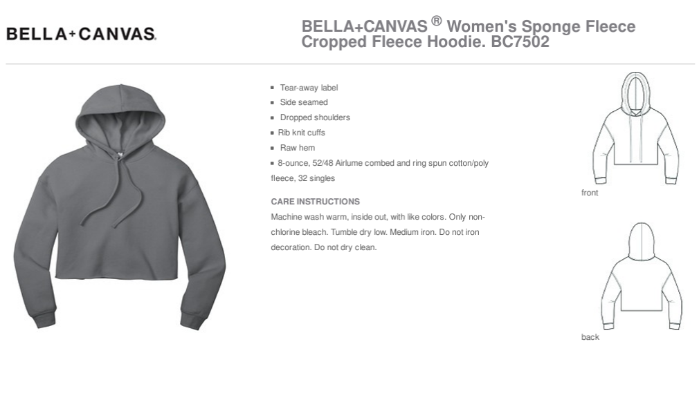 Cropped pullover hoodie product diagram with front and back line drawings
