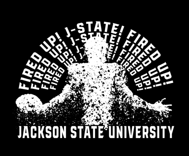 Black short-sleeve t-shirt with large white “JACKSON STATE UNIVERSITY” tiger graphic