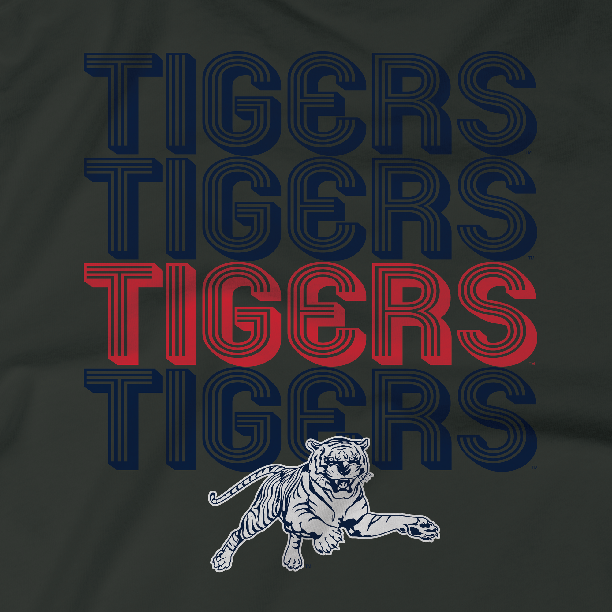 Dark crewneck sweatshirt with Tigers retro striped graphic and tiger mascot