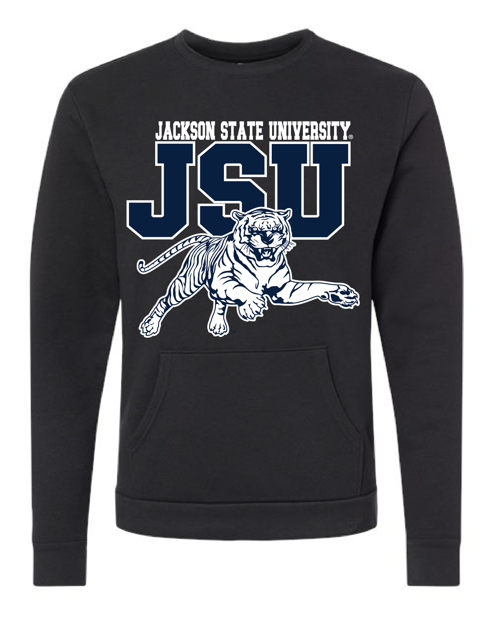 Black unisex crewneck pocket sweatshirt with leaping tiger and JSU logo graphic