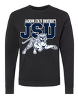 Black unisex crewneck pocket sweatshirt with leaping tiger and JSU logo graphic