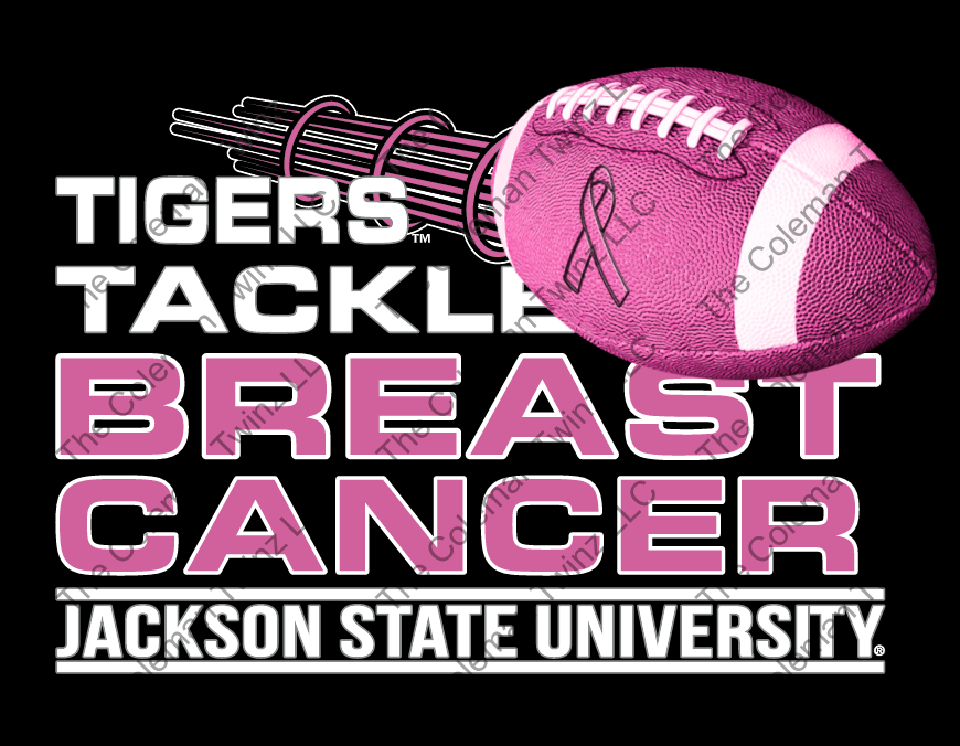 “Tigers Tackle Breast Cancer” chest graphic with football and ribbon on black background