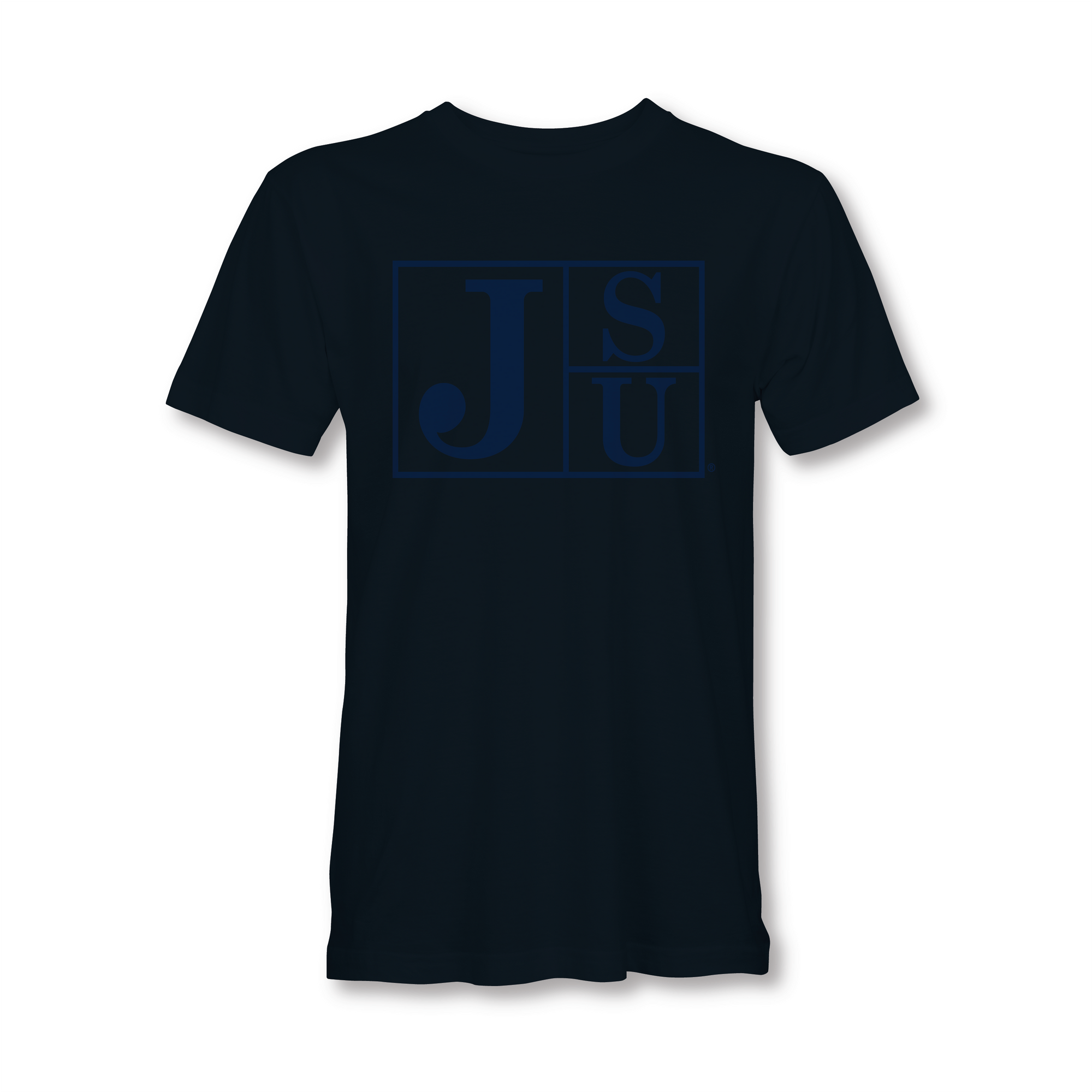 Black crew-neck short-sleeve T-shirt with blue JSU block-letter logo on front