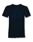 Black crew-neck short-sleeve T-shirt with blue JSU block-letter logo on front