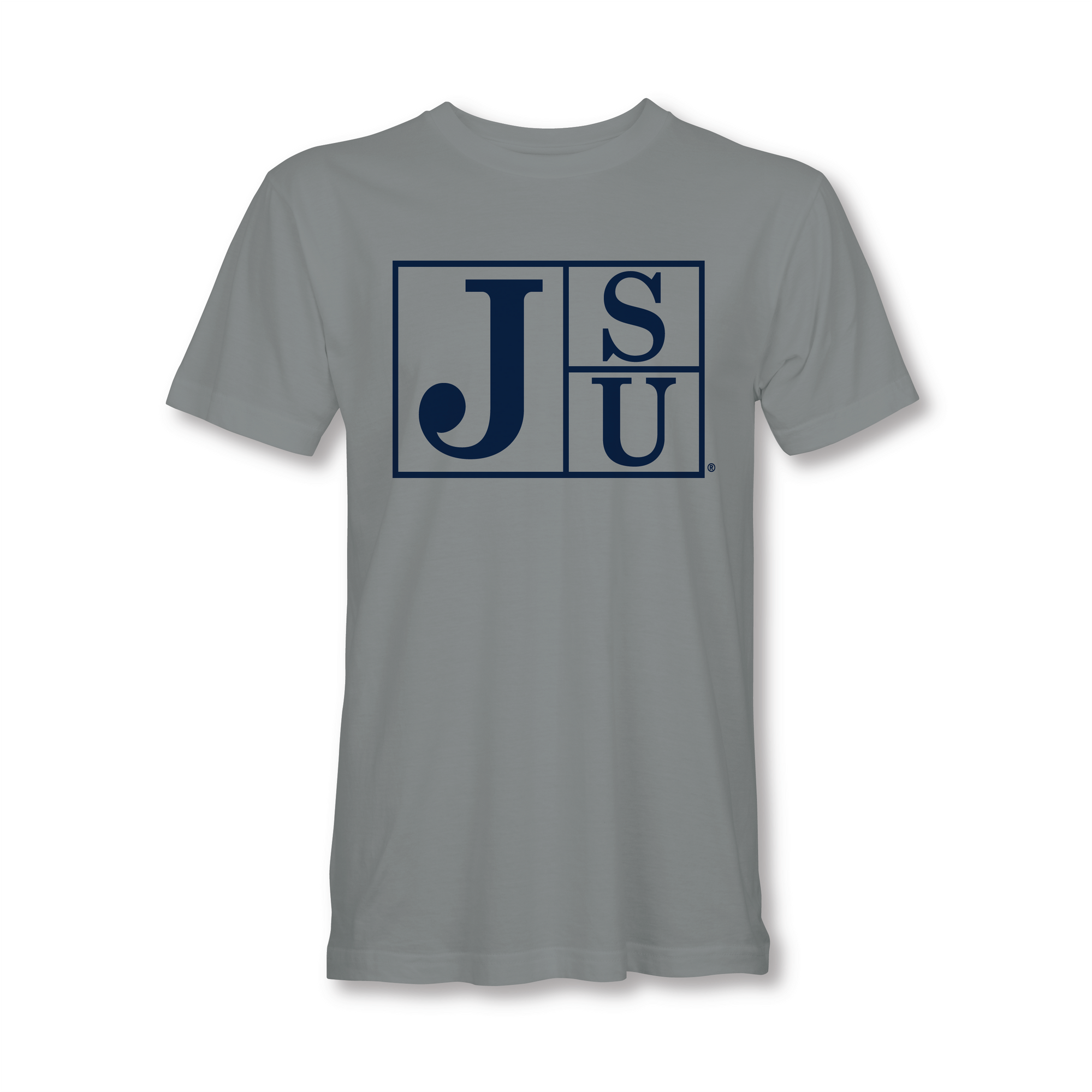 Gray crew-neck short-sleeve T-shirt with blue JSU block-letter logo on front
