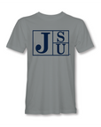 Gray crew-neck short-sleeve T-shirt with blue JSU block-letter logo on front