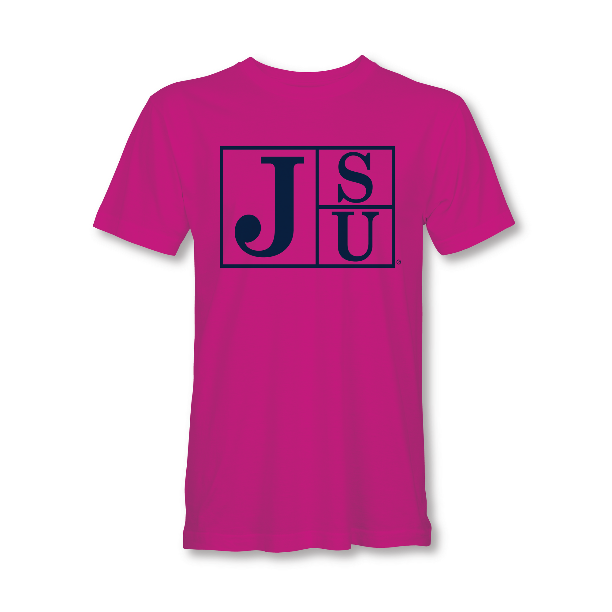 Magenta crew-neck short-sleeve T-shirt with blue JSU block-letter logo on back