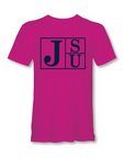 Magenta crew-neck short-sleeve T-shirt with blue JSU block-letter logo on back