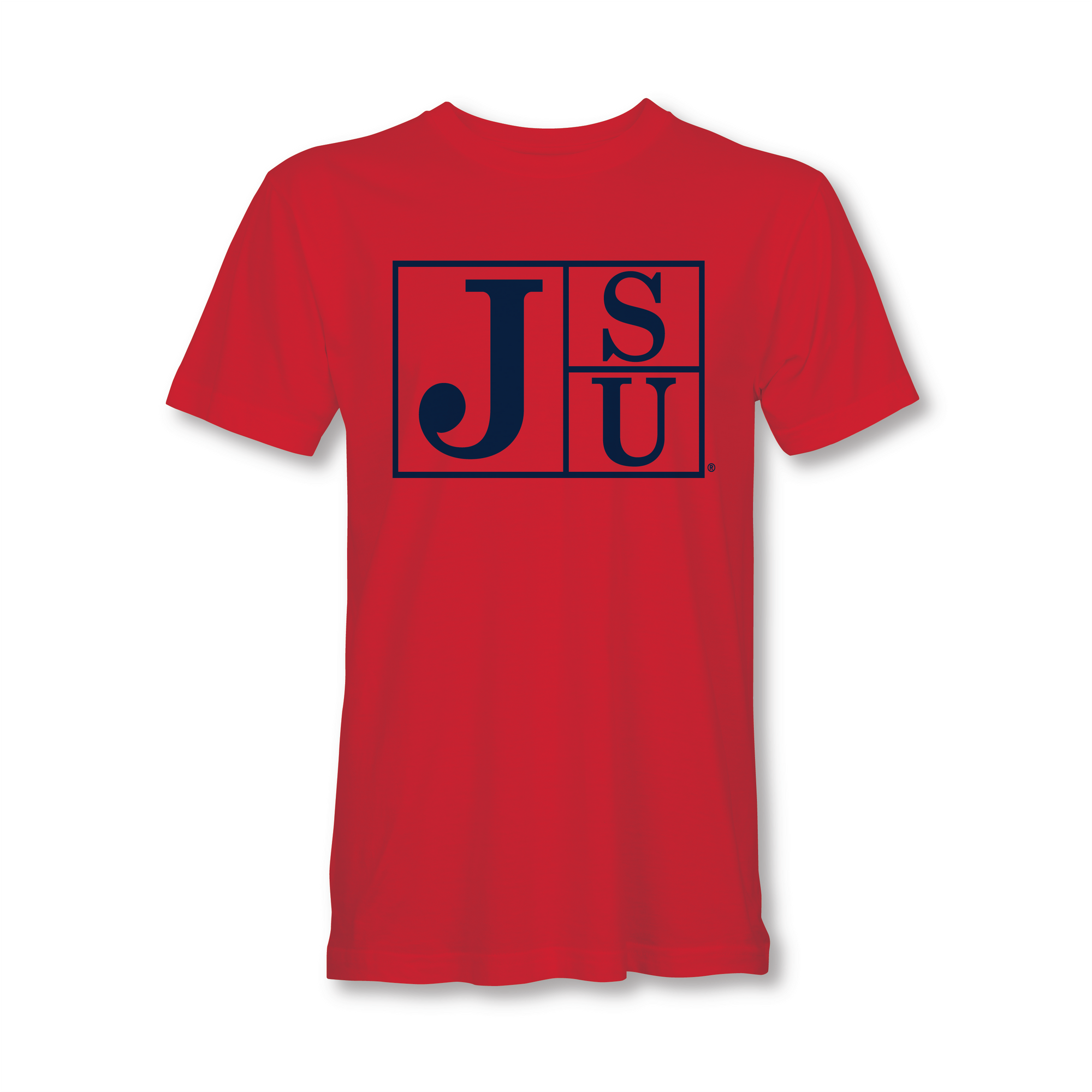 Red crew-neck short-sleeve T-shirt with blue JSU block-letter logo on back
