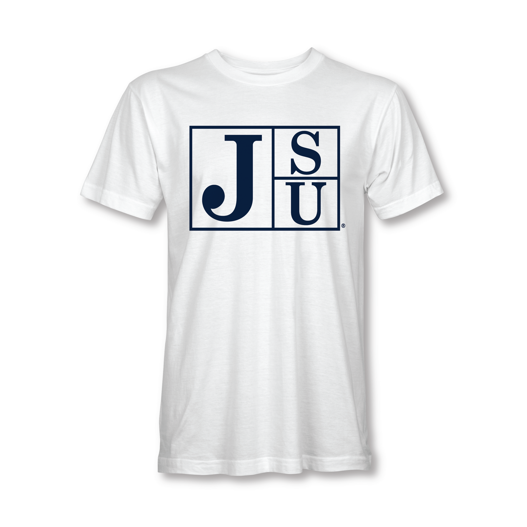White crew-neck short-sleeve T-shirt with blue JSU block-letter logo on front