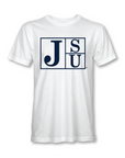 White crew-neck short-sleeve T-shirt with blue JSU block-letter logo on front