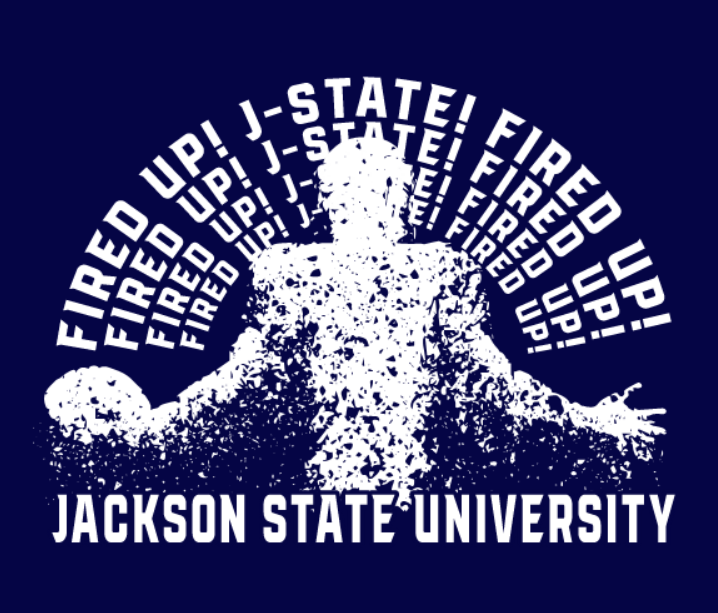 Navy short-sleeve t-shirt with white “JACKSON STATE UNIVERSITY” tiger graphic
