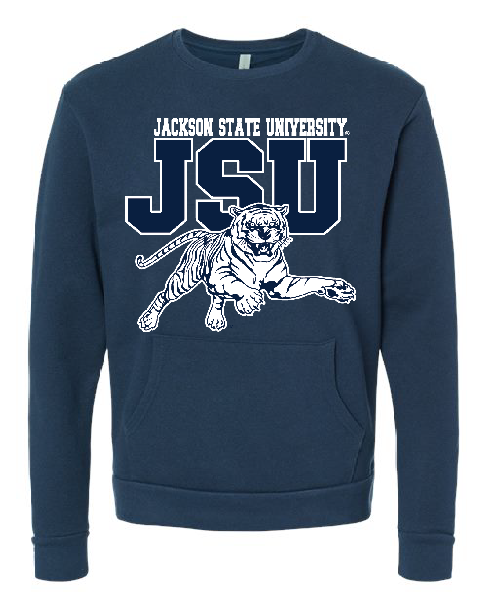 Midnight navy unisex crewneck pocket sweatshirt with leaping tiger and JSU logo graphic