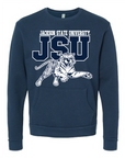 Midnight navy unisex crewneck pocket sweatshirt with leaping tiger and JSU logo graphic