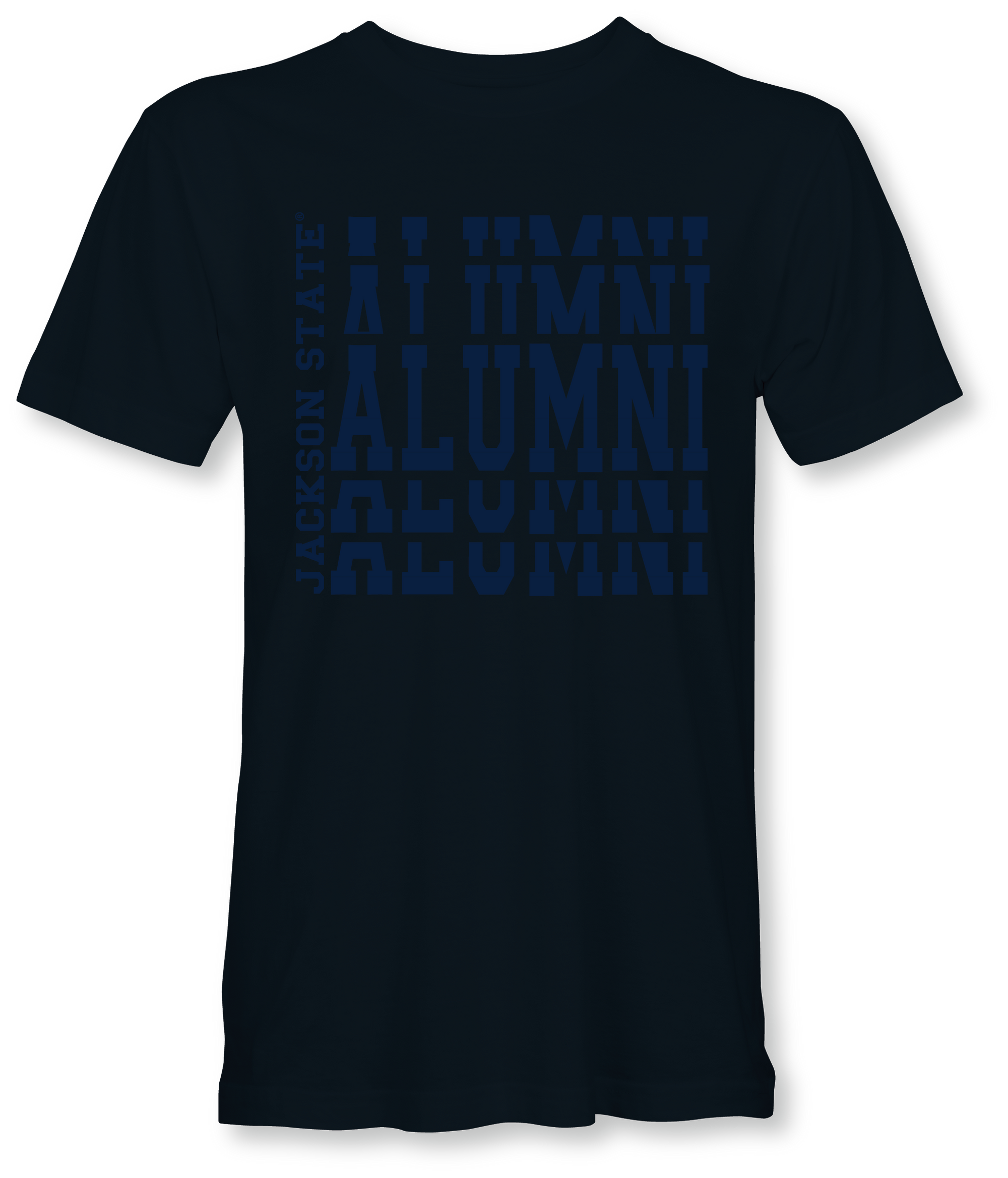 Dark navy crew neck t-shirt with stacked alumni logo print on front