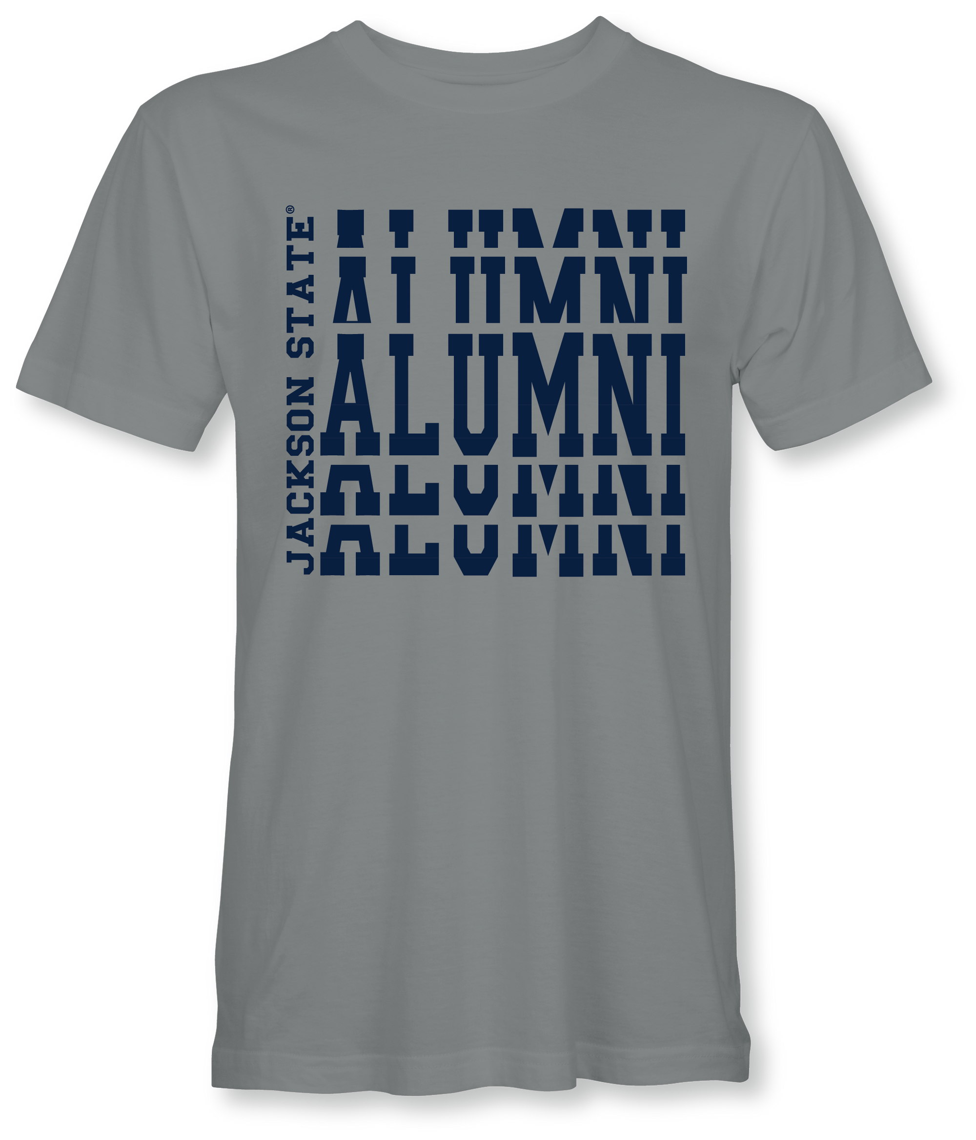 Light gray crew neck t-shirt with stacked alumni logo print on front