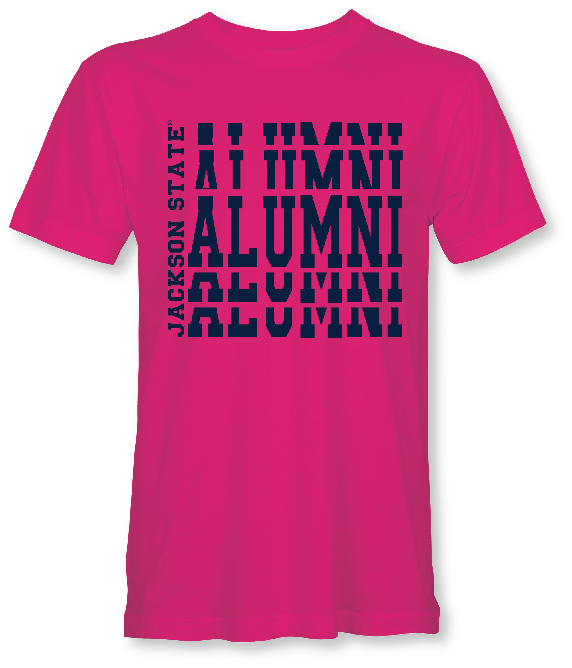 Hot pink crew neck t-shirt with stacked alumni logo print on front