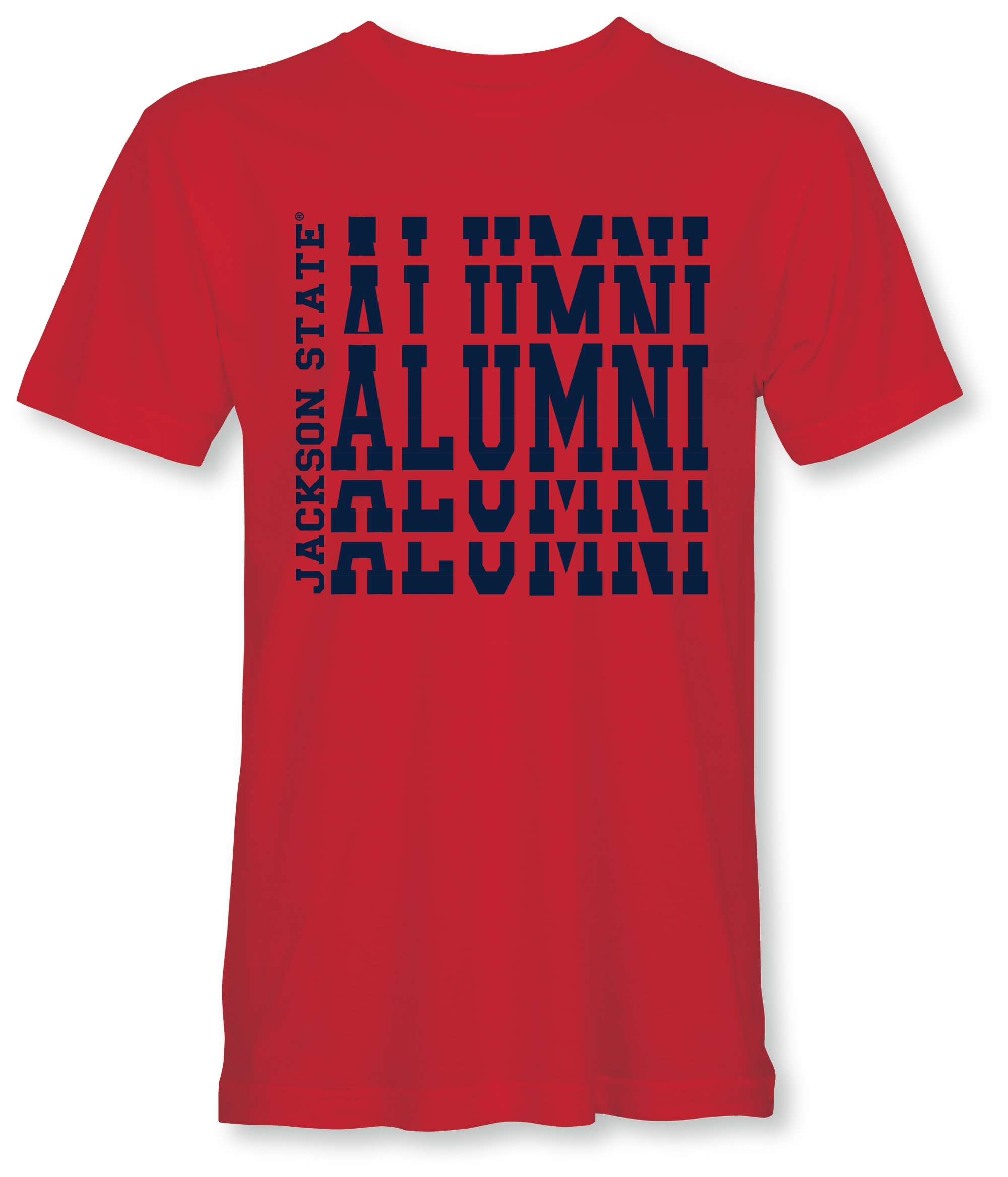 Red crew neck t-shirt with stacked alumni logo print on front