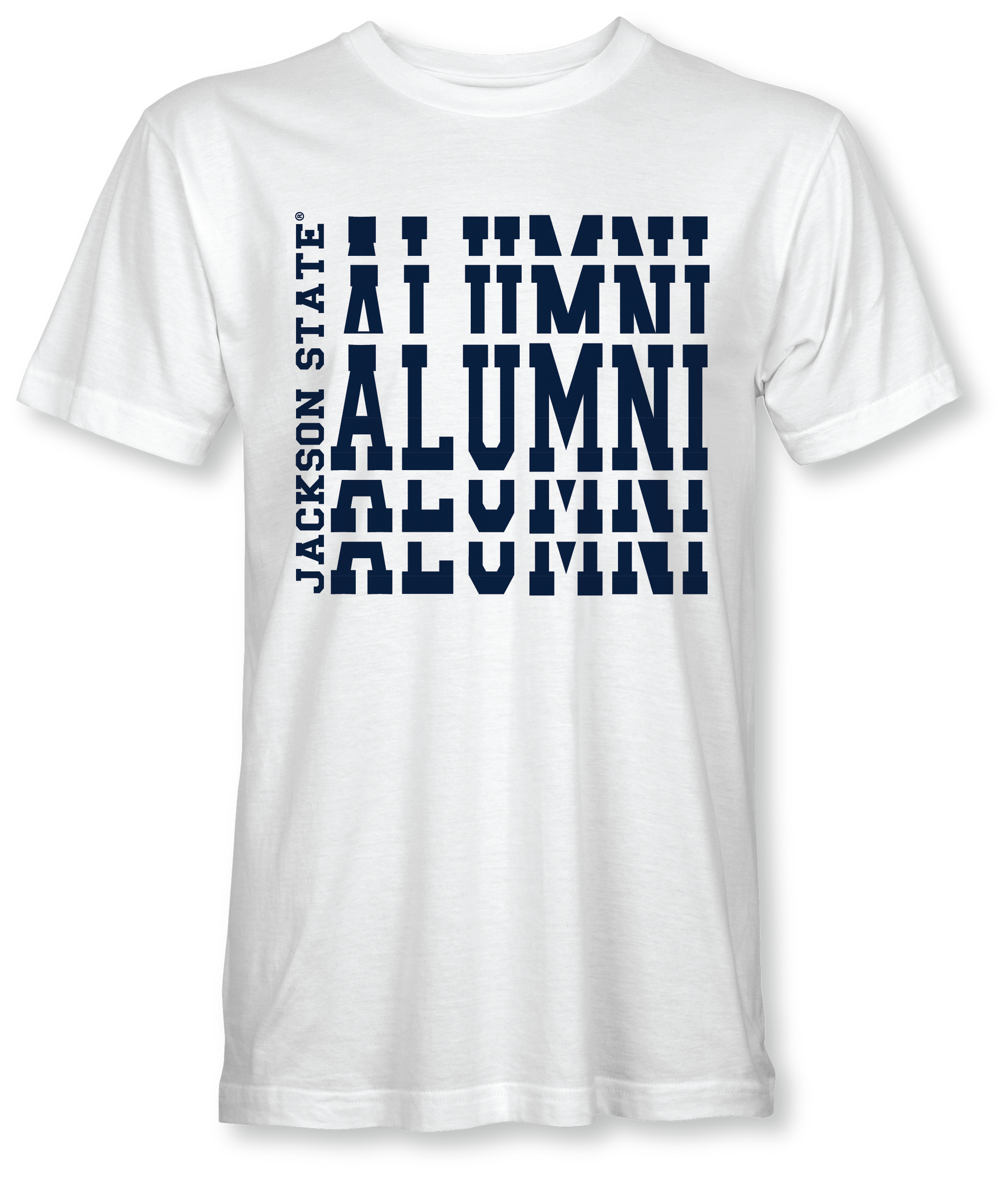 White crew neck t-shirt with stacked alumni logo print on front
