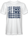 White crew neck t-shirt with stacked alumni logo print on front