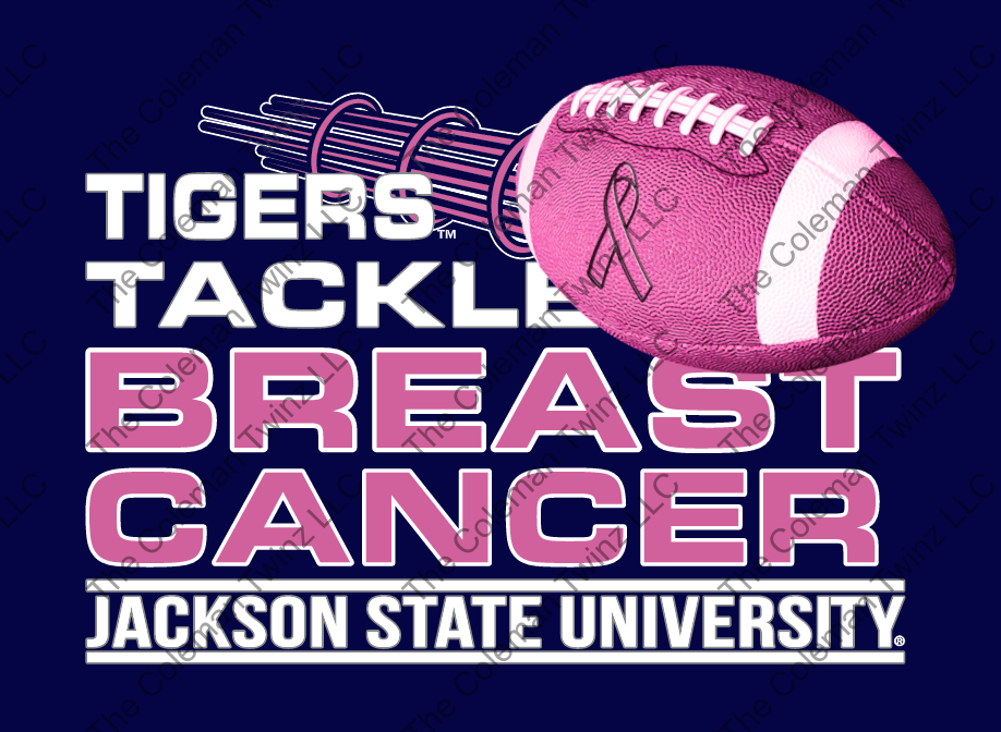 “Tigers Tackle Breast Cancer” chest graphic with football and ribbon on navy background