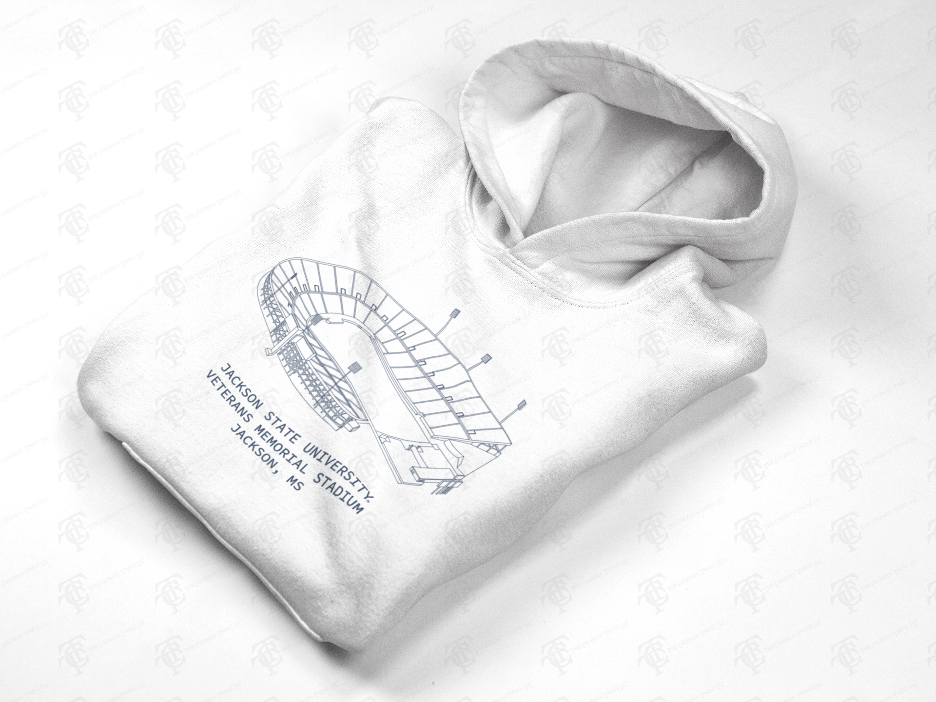 White unisex pullover hoodie with large printed stadium arch graphic on chest